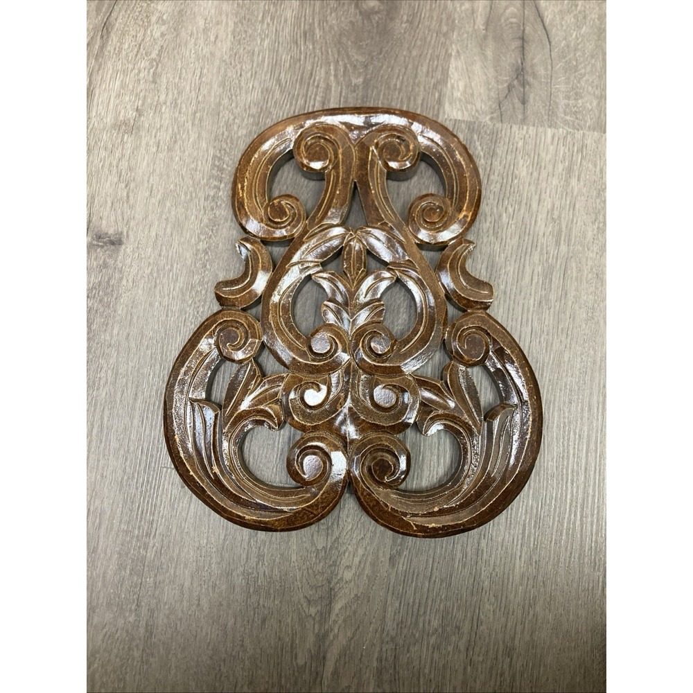 Carved Wood Wall Plaque Scroll Leaf Design 12" Ornate Tuscan Brown Decor